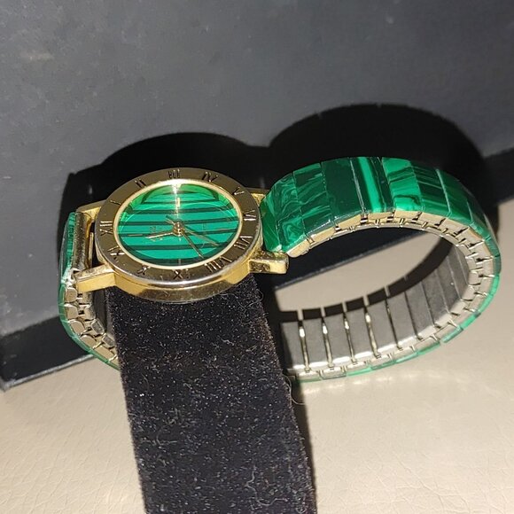 Michelle Louise Wristwatch Malachite Vintage Style Roman Numeral Gold Tone Bezel - Picture 6 of 9